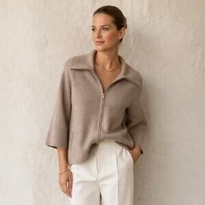 TSE 100% Cashmere Zip Collar Sweater Taupe Beige Medium